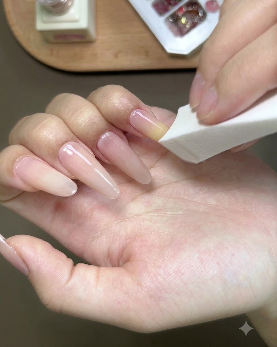 A white sponge gently dabbing the yellow gel tip to create an ombre blend on the nail.
