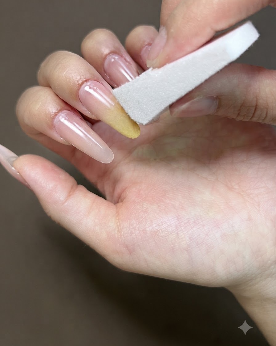 A sponge being used to blend yellow gel on a fingernail for an ombre effect.