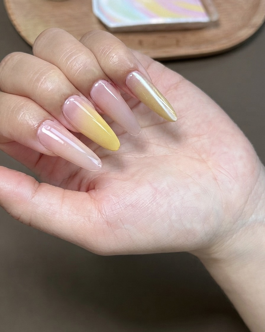 A magnet tool held over a manicured nail to manipulate cat-eye gel polish.