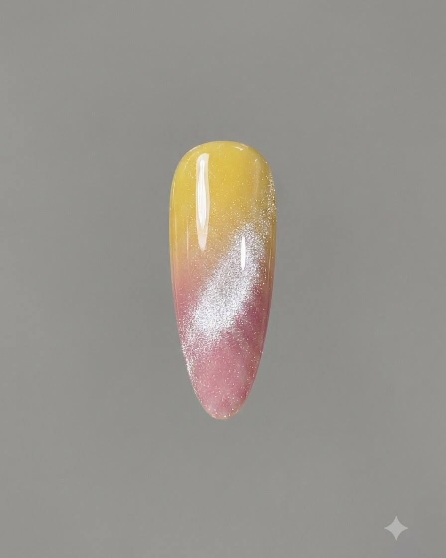 A close-up of a single nail showing a cat-eye polish effect with a bright light streak.