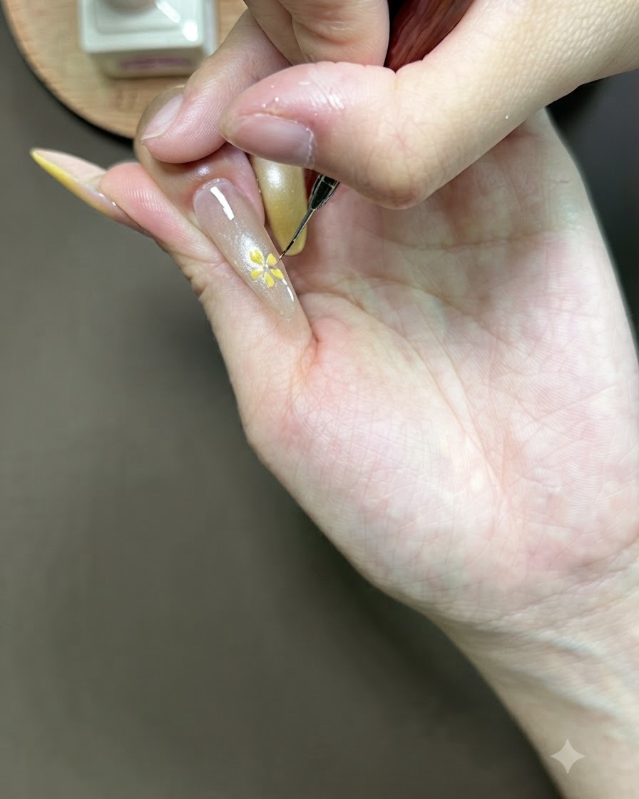 A hand resting inside a UV nail lamp to cure the freshly painted floral nail art.