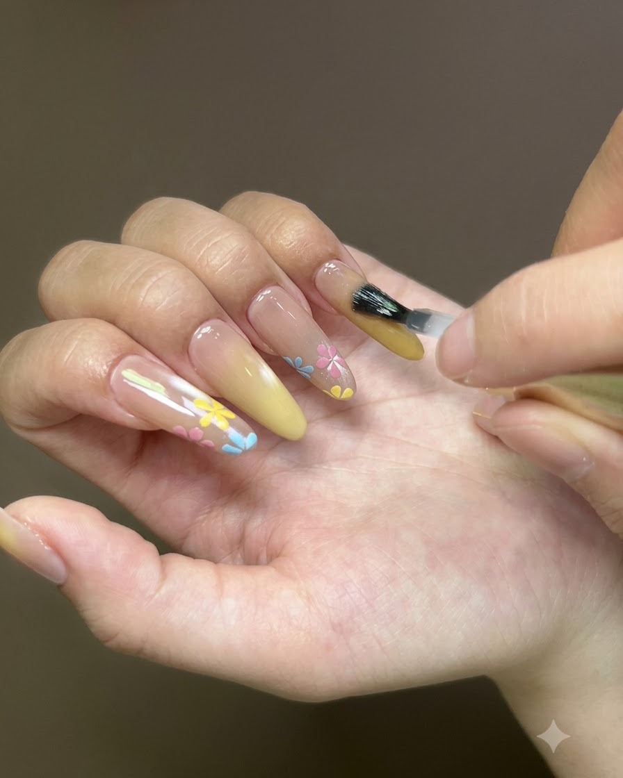 A nail brush applying a clear top coat to a decorated ring fingernail.