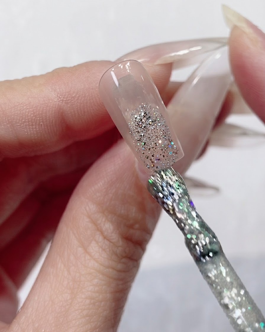 A gel polish brush depositing chunky silver holographic glitter onto the tip of a clear nail extension.