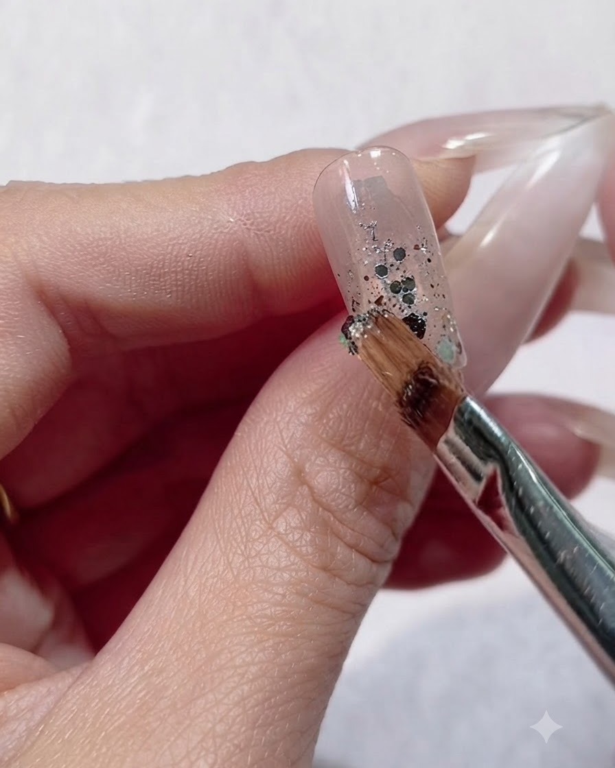 The corner of a flat gel brush patting down small glitter sequins to ensure they lie flat against the nail surface.