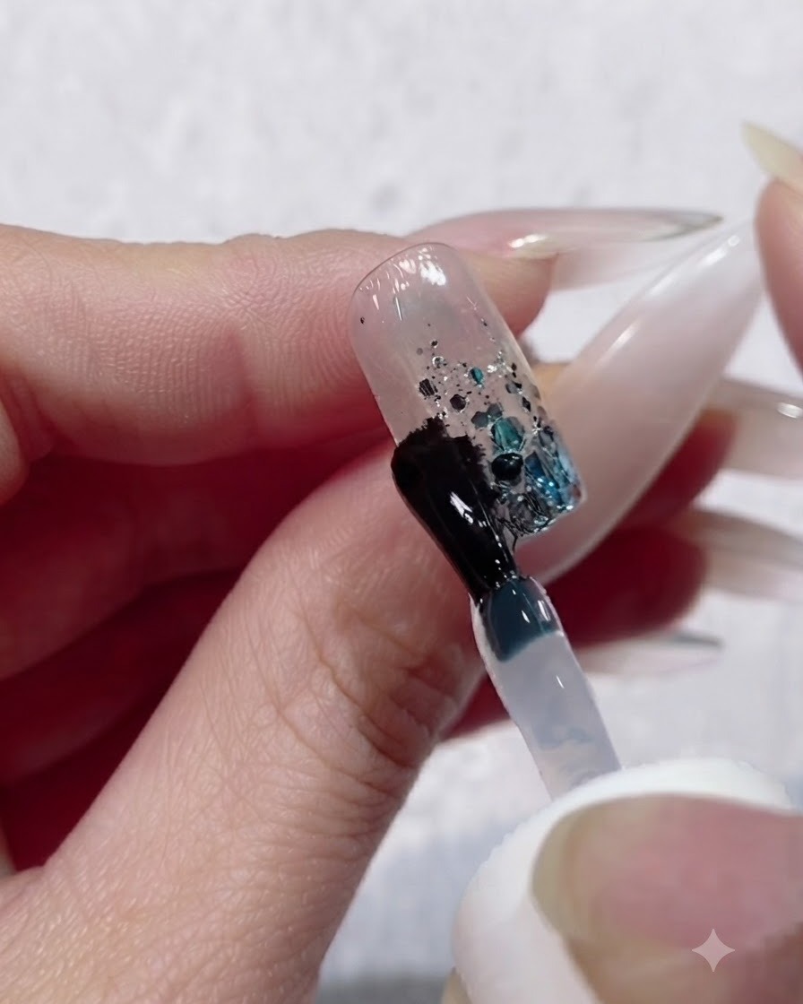 A hand placed inside a UV LED nail lamp to cure the builder gel layer on a fingernail.