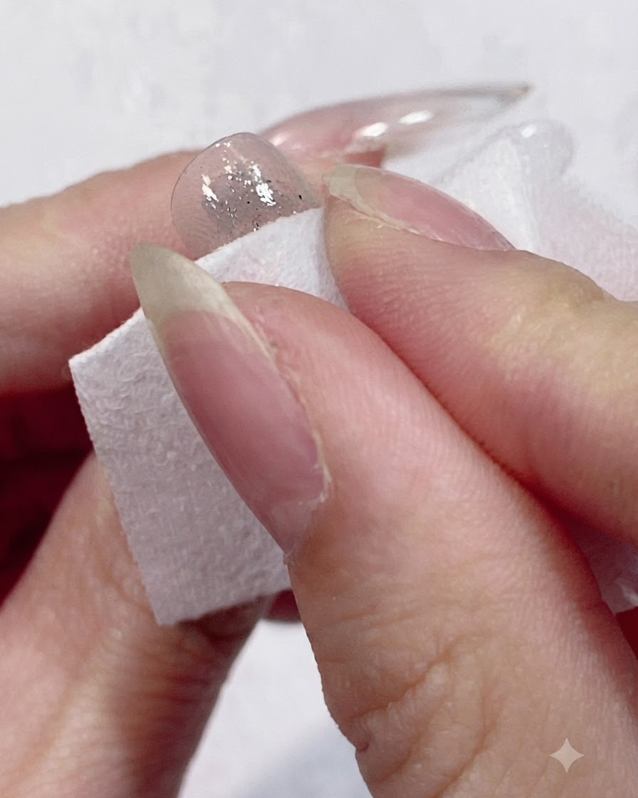 A lint-free wipe being pressed against a cured nail to clean the sticky residue.