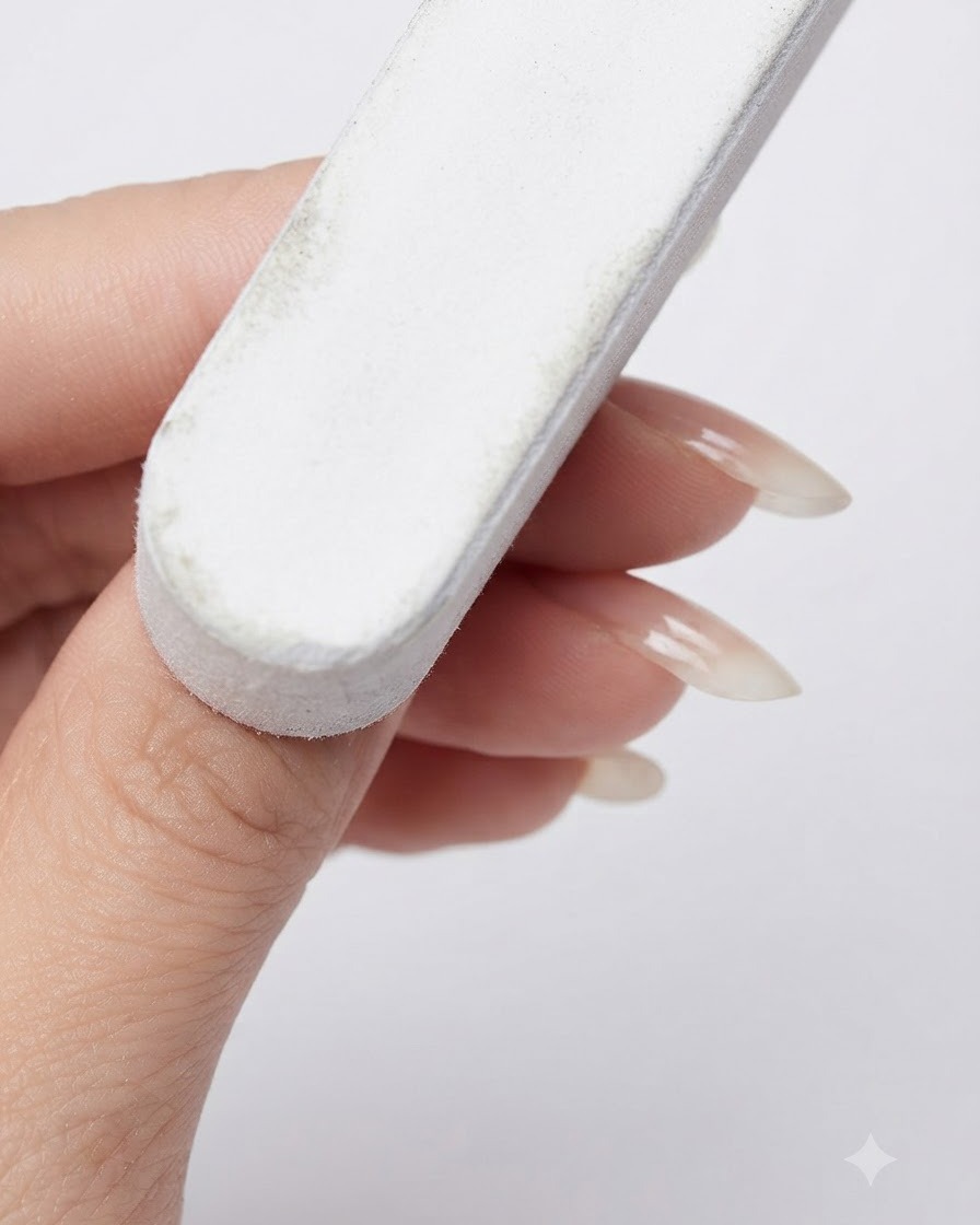 A coarse nail buffer smoothing the surface of a finished gel-encapsulated nail.
