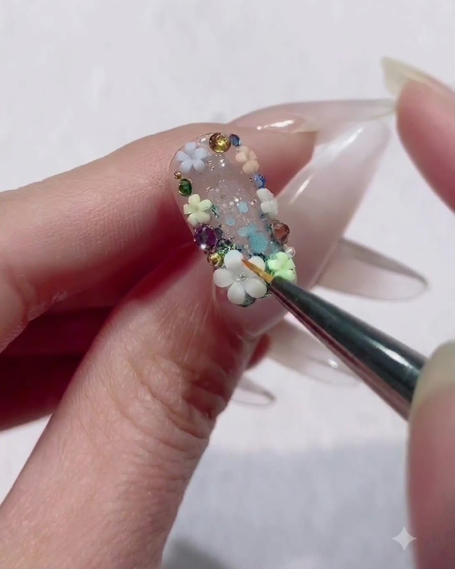 A close-up of a fine liner brush dabbing clear rhinestone glue into the center of a white 3D flower attached to a nail.
