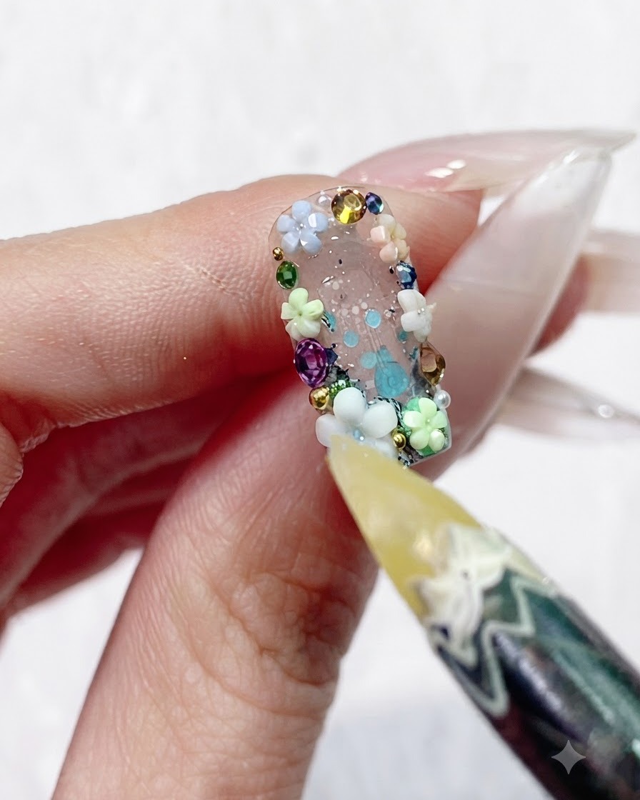 A close-up of a tool placing tiny gold micro-beads into the center of a 3D flower on a decorated nail.