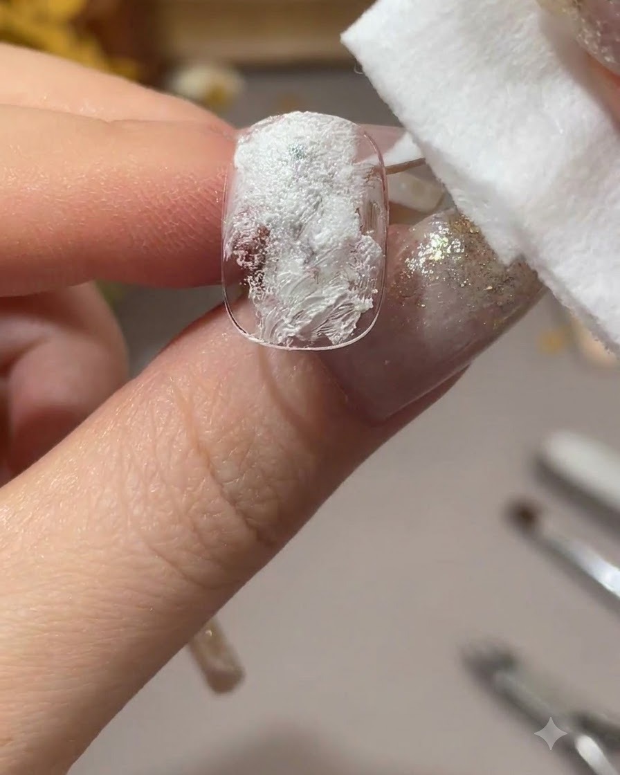A dry cotton pad being pressed onto a white gel-coated nail to create texture.
