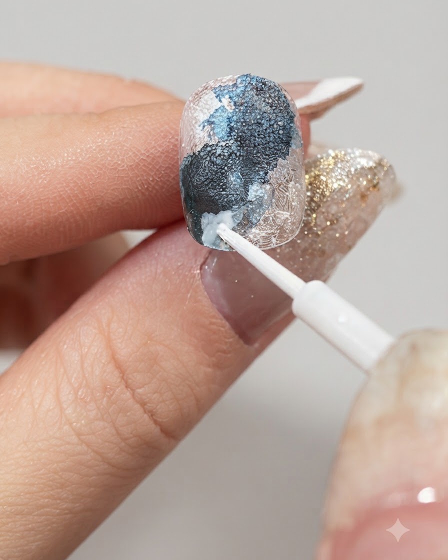 A fine brush applying white smudging liquid along the edges of the blue areas on a nail.