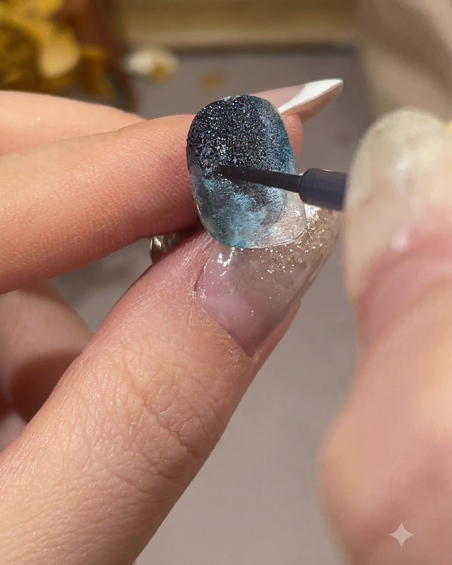 A close-up view of a nail brush applying sparkling pearlescent glitter liquid onto the center of a blue nail design.