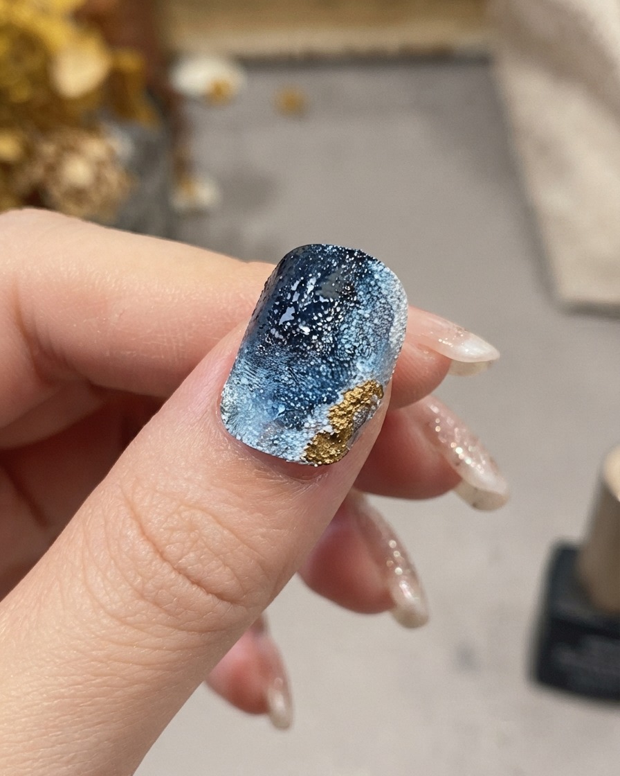 A close-up shot of a hand using a fine detail brush to apply gold metallic details along the textured border of a blue nail.