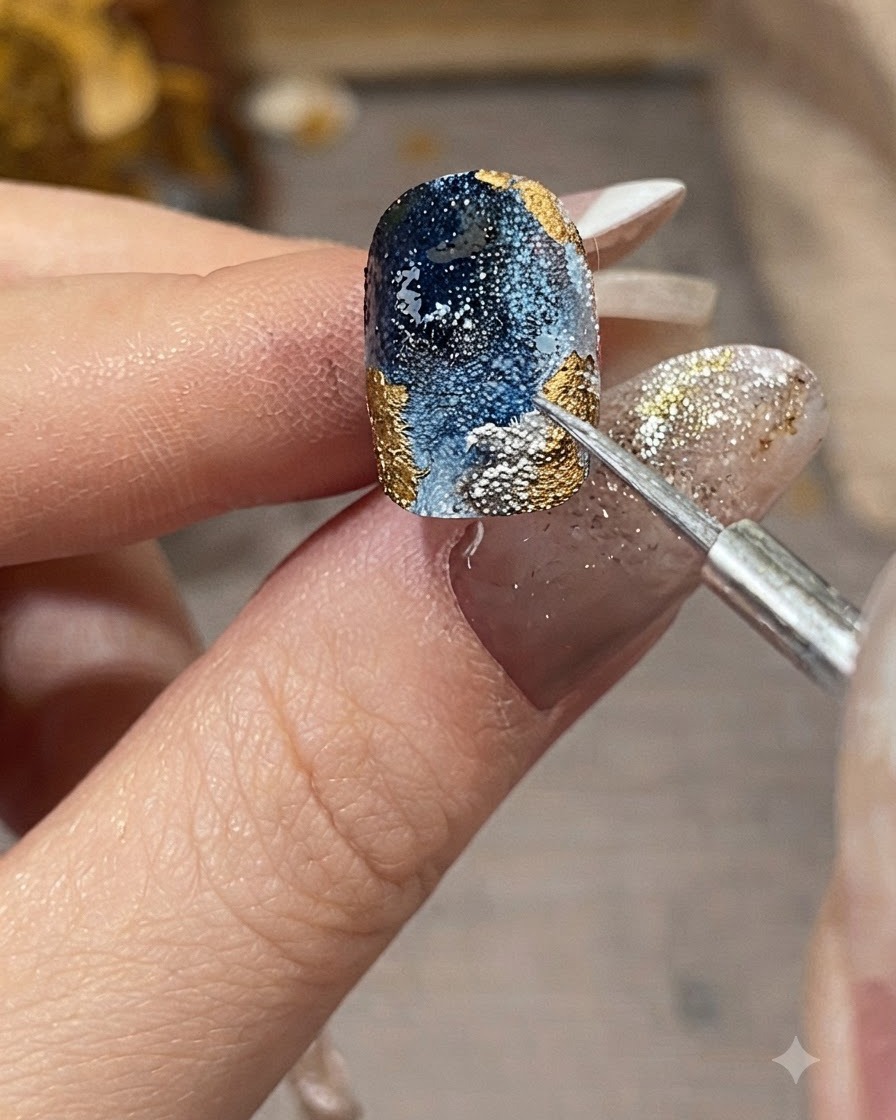 A close-up of a detail brush applying silver metallic liquid along the textured edges of a blue and gold nail design.