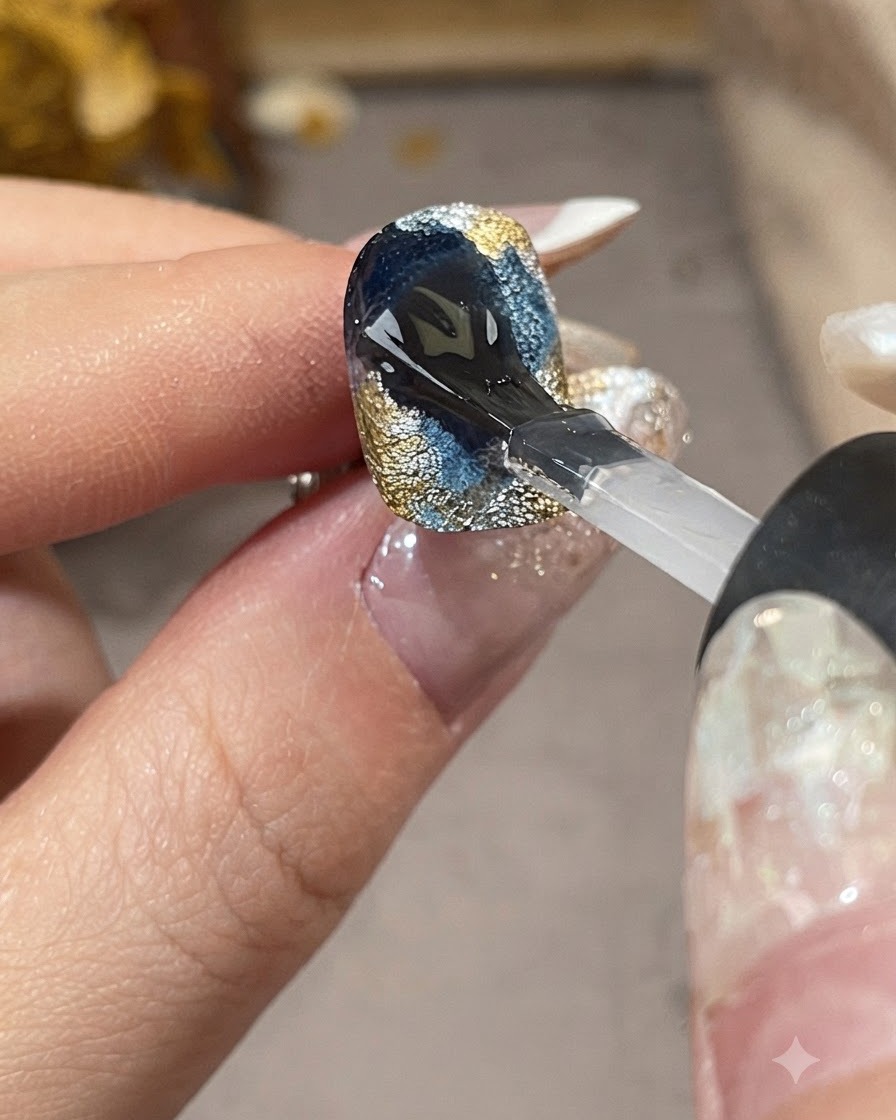 A brush applying a clear, glossy top coat over a completed blue, gold, and silver galaxy nail design.