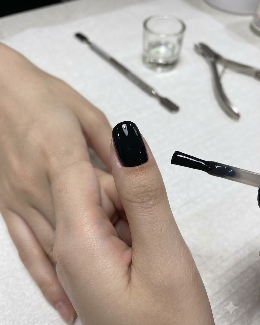 A sponge block being used to blend the edge of a black gel application on a nail.