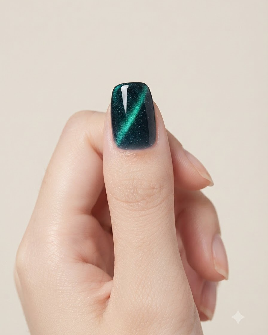 A spherical magnetic tool hovering above a wet teal cat-eye gel nail.