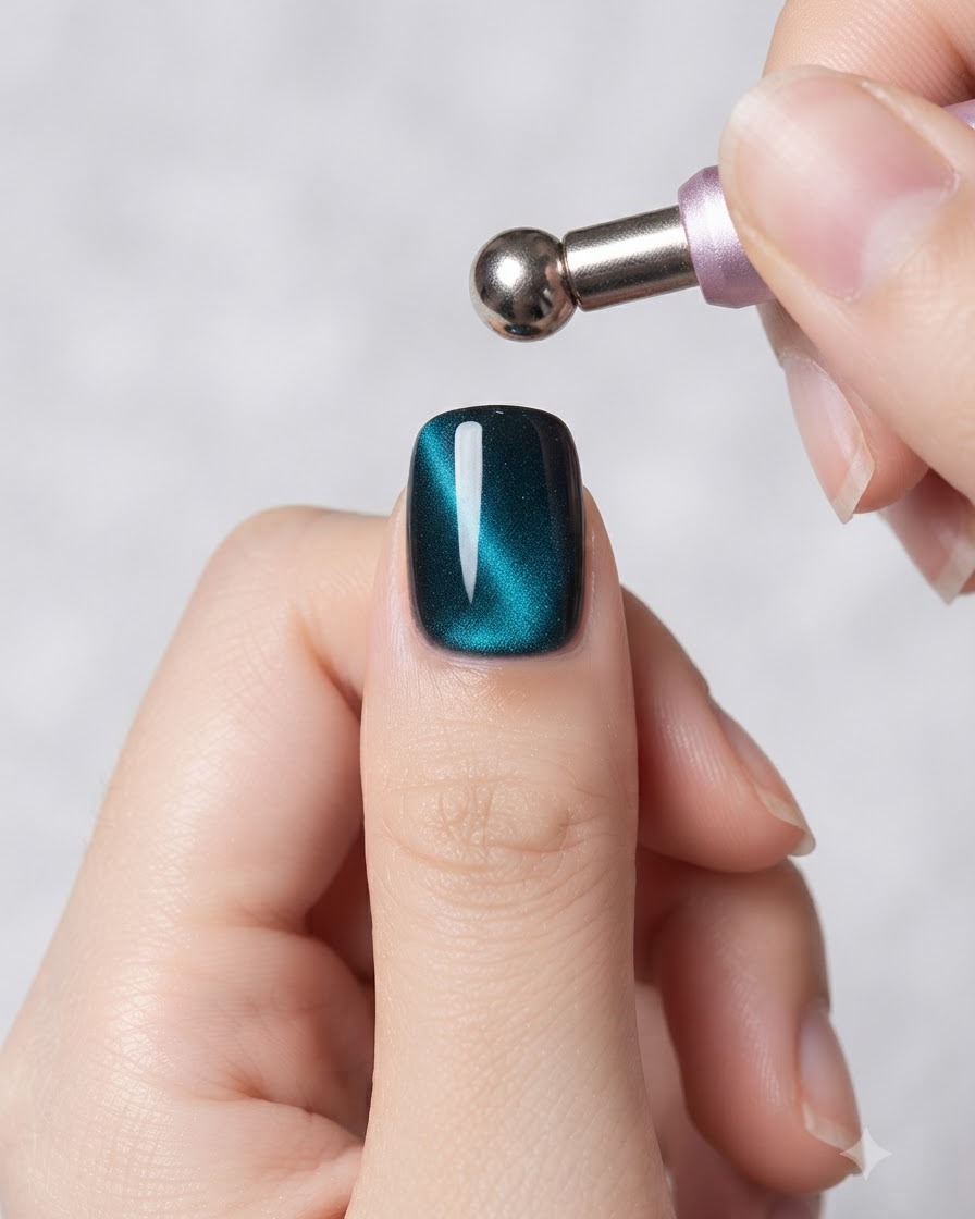 A magnetic tool wand with a metal sphere tip hovering above a teal cat-eye gel nail to shape the magnetic particles.