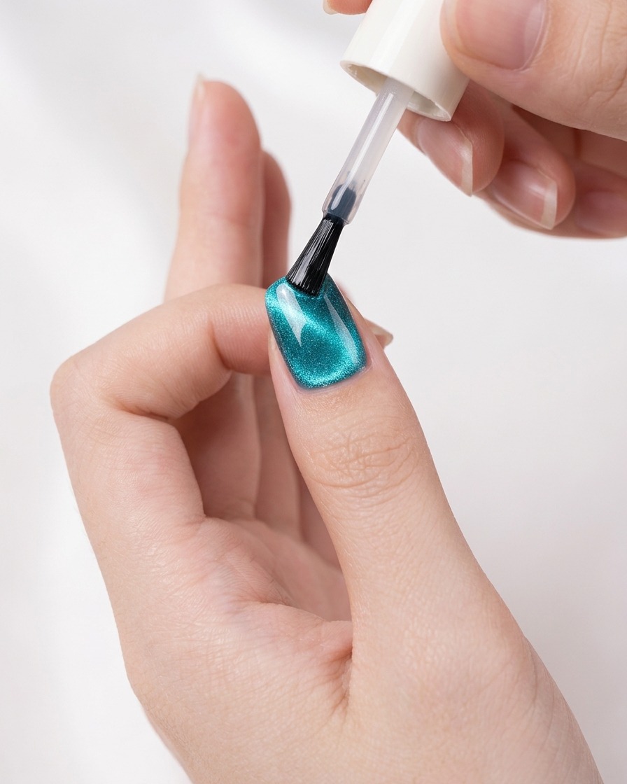 A brush applying a glossy clear top coat over a shimmering turquoise galaxy cat-eye nail.