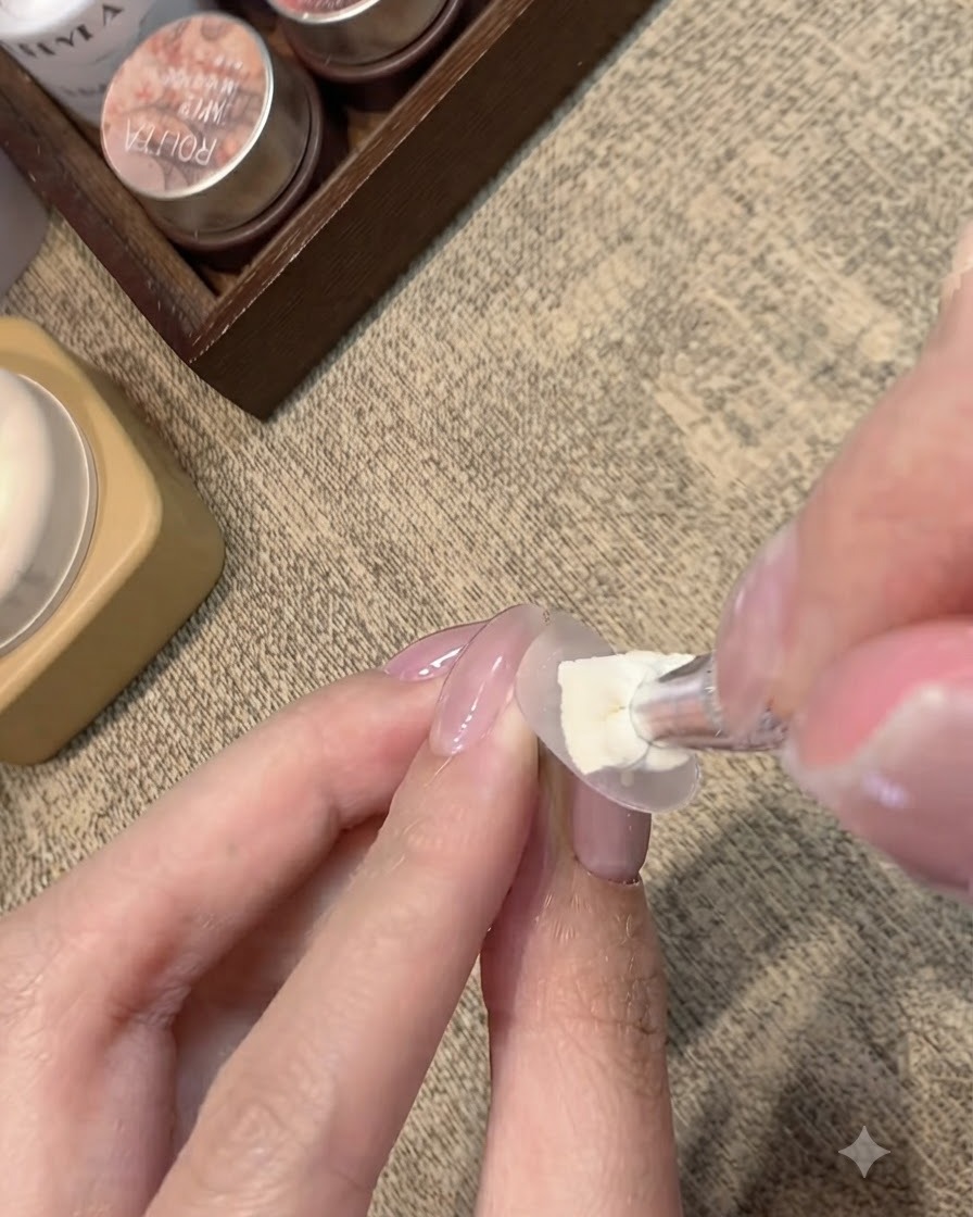 A brush applying a layer of milky nude gel onto a clear nail display form.