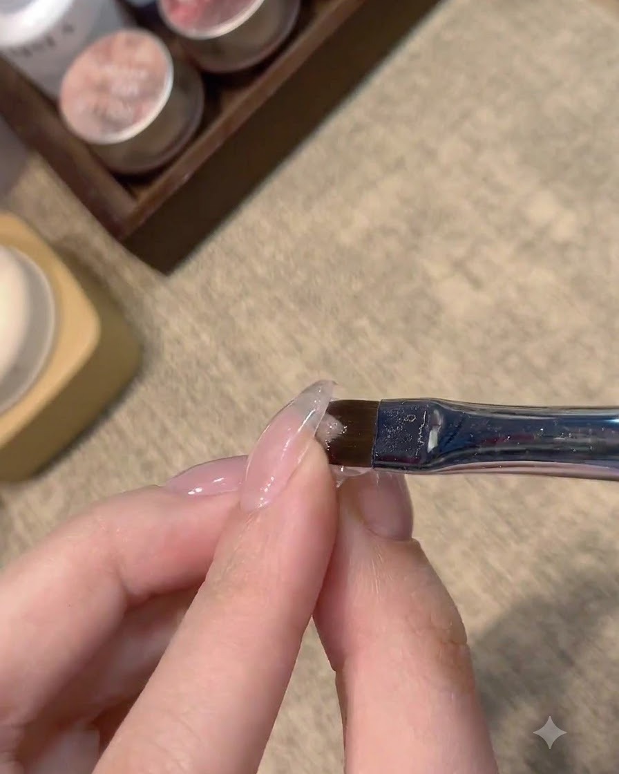 A flat nail art brush resting against a cured translucent nude nail surface.