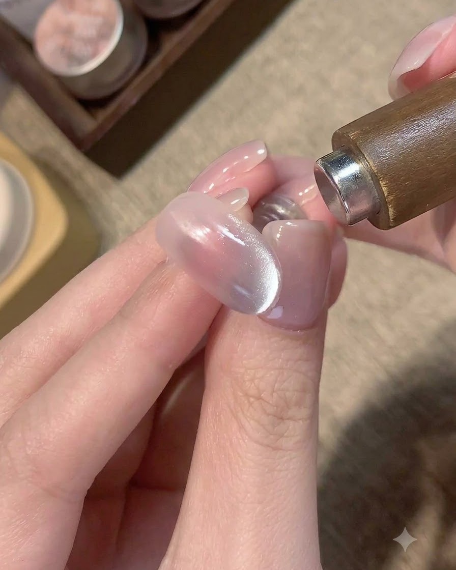 A magnetic tool held near the side of a nail to manipulate the blue cat-eye shimmer effect.