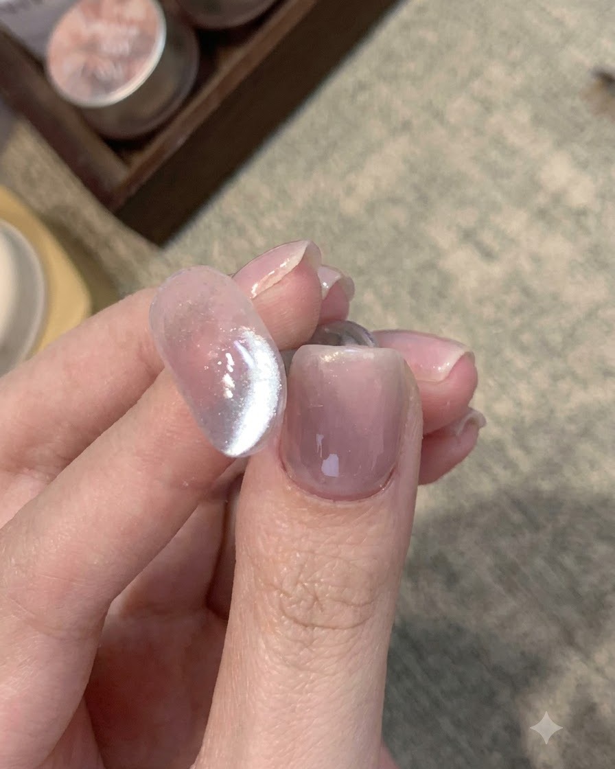 Close-up of a clear nail tip with a concentrated blue cat-eye shimmer shifted to one side.