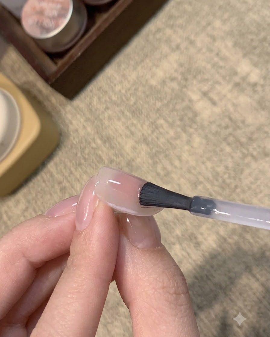 A brush applying a clear top coat layer over a glossy pink and blue cat-eye nail.
