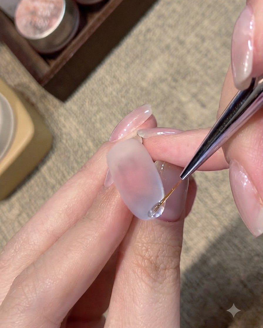 A fine nail art liner brush applying a glossy, raised line of clear gel to the free edge of a matte blue-shimmer nail.