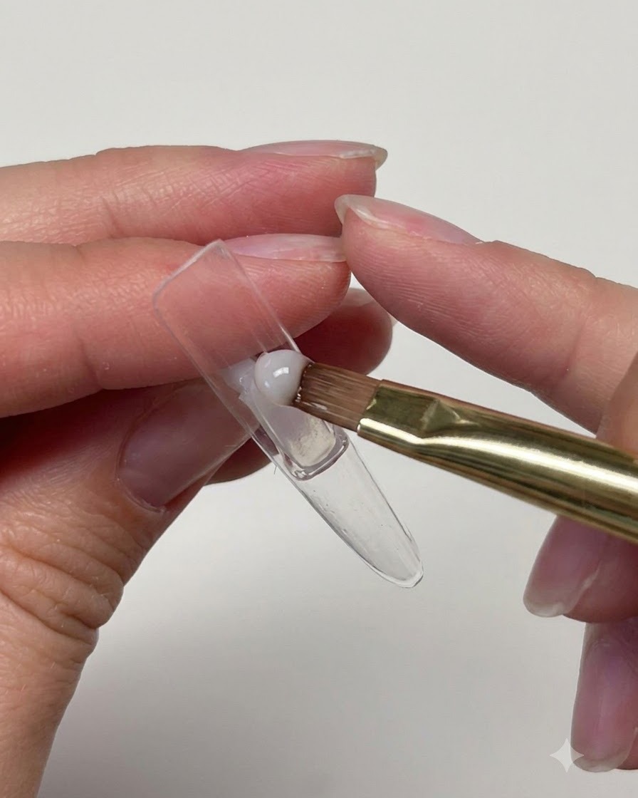 A close-up of a flat brush applying clear gel onto the inner hollow side of a long transparent nail extension tip.
