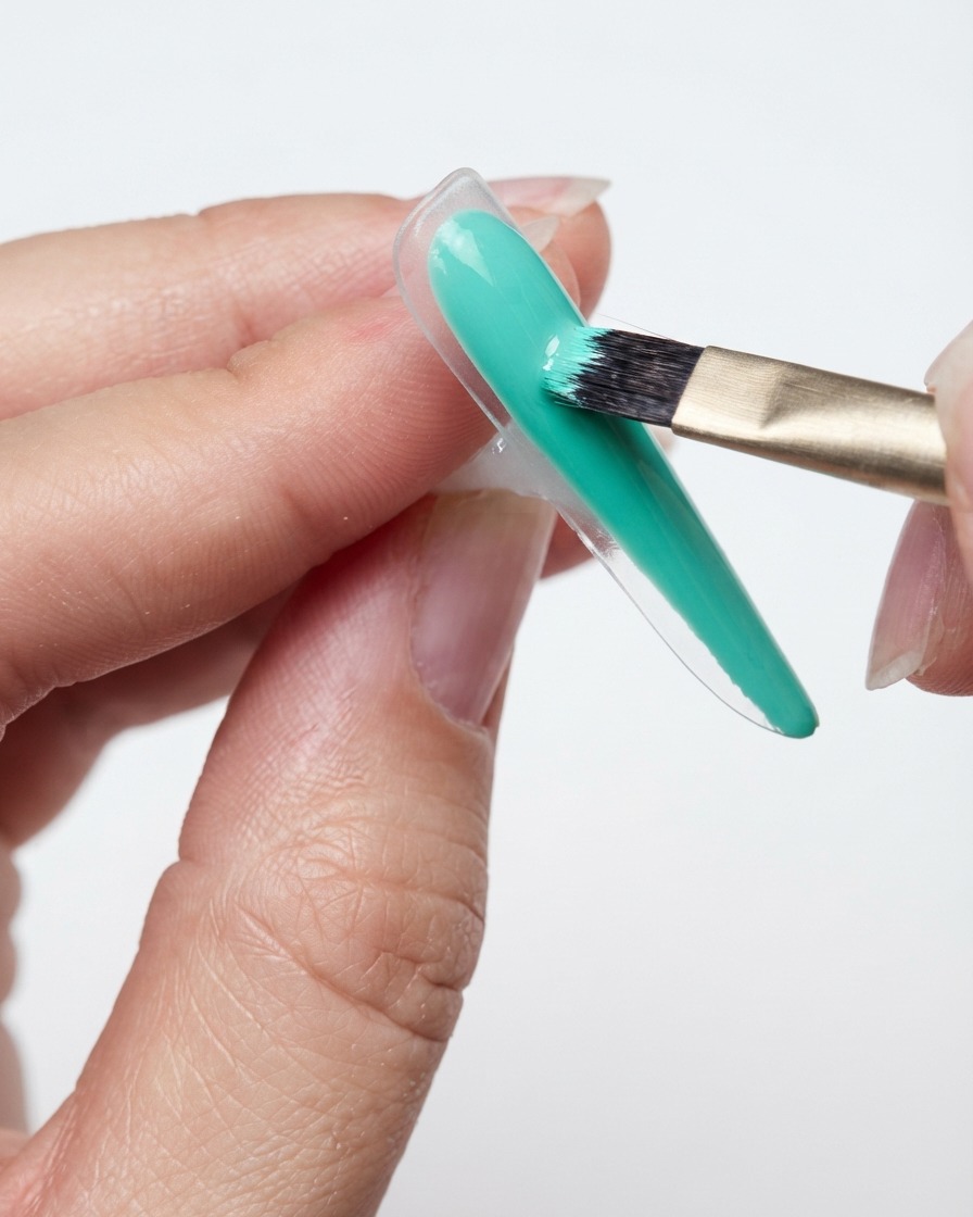 A brush carefully applying mint green color gel along the bottom edge and underside of a transparent nail tip.
