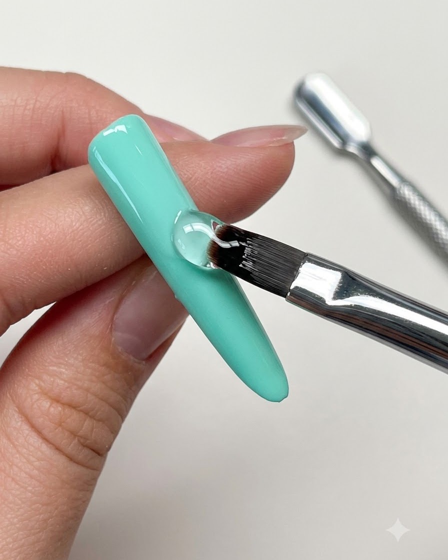 A gel brush smoothing a clear reinforcing gel evenly over a mint green nail plate.