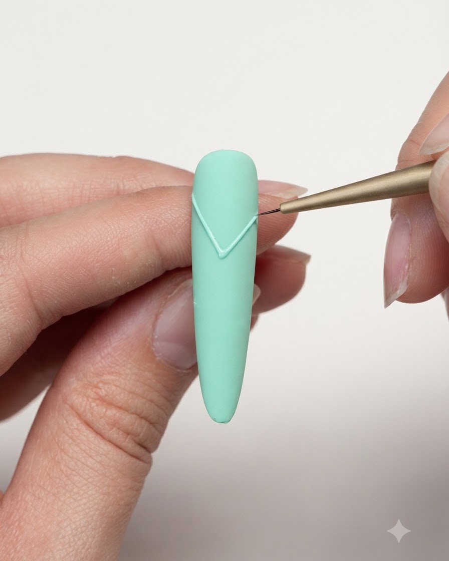 A fine liner brush drawing a precise diagonal line to form a star shape on a matte mint green nail.