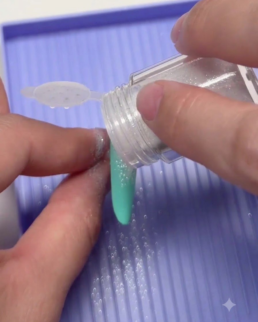 White sugar glitter powder being poured from a jar directly onto a mint green nail design.