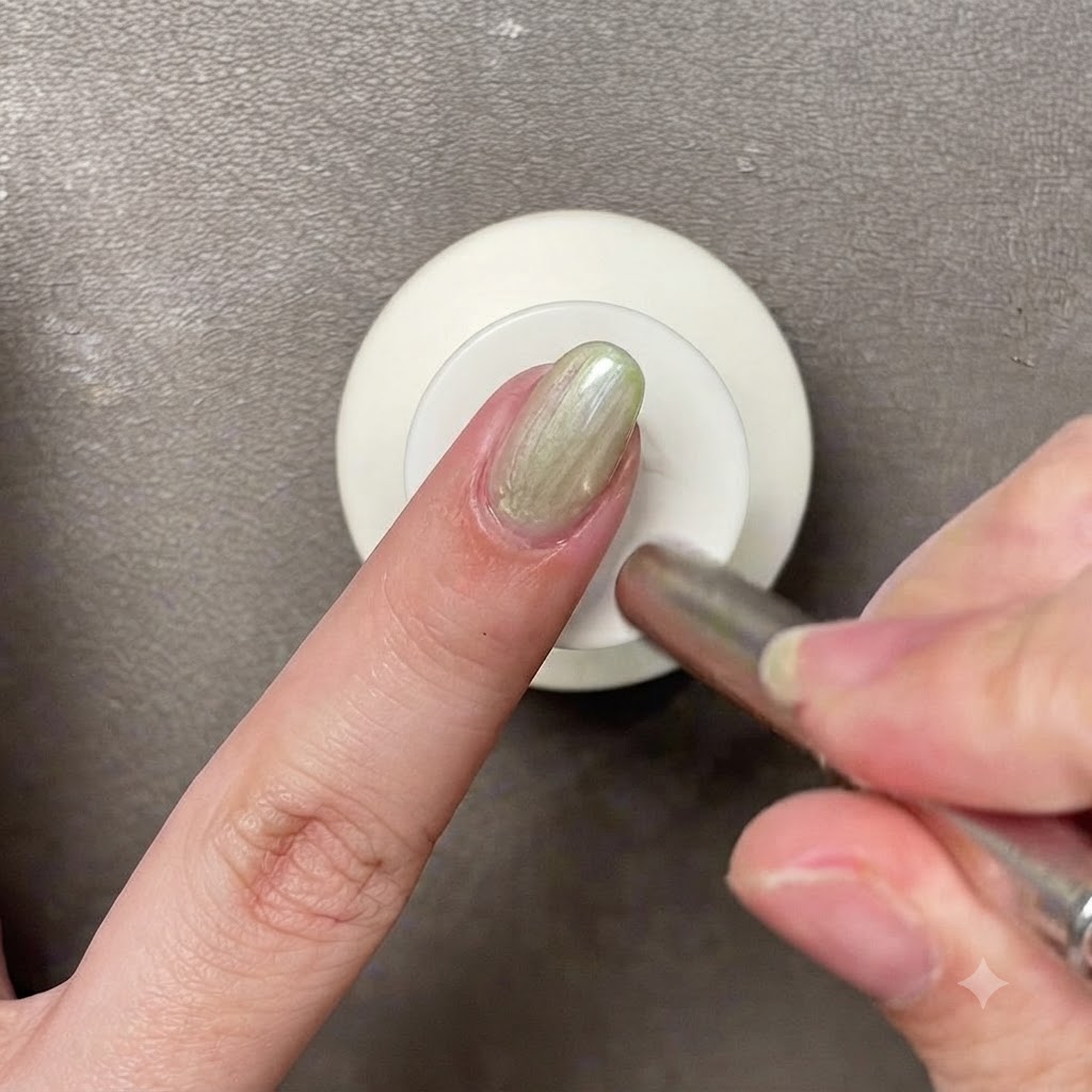 A magnetic tool hovering over a light green gel-coated fingernail to shape the light reflection.