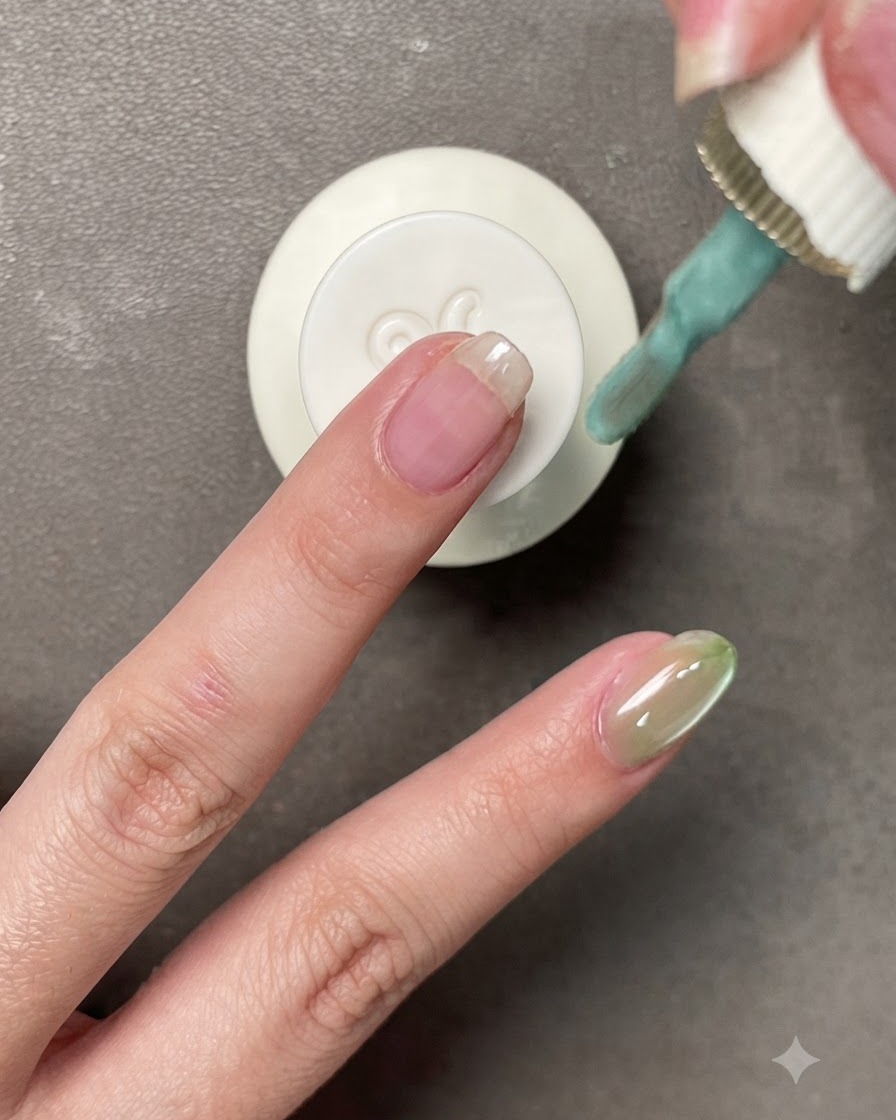 A nail polish brush applying a pale sage green gel onto a fingernail.