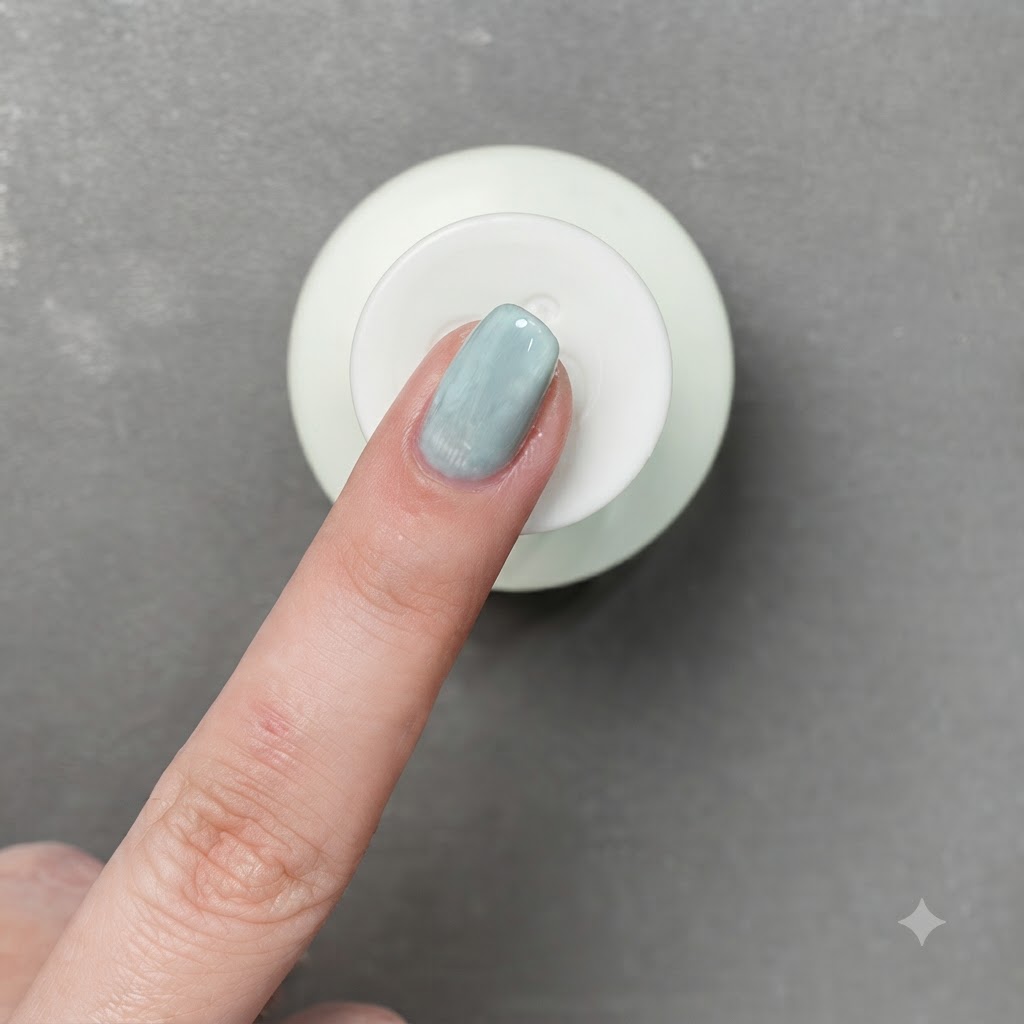 A magnetic pen tool positioned over a sage green gel nail to concentrate the shimmer line.