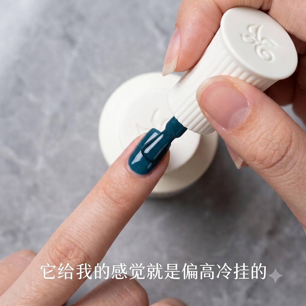 A magnetic pen tool drawing out a bright light streak on a grayish-blue gel nail.