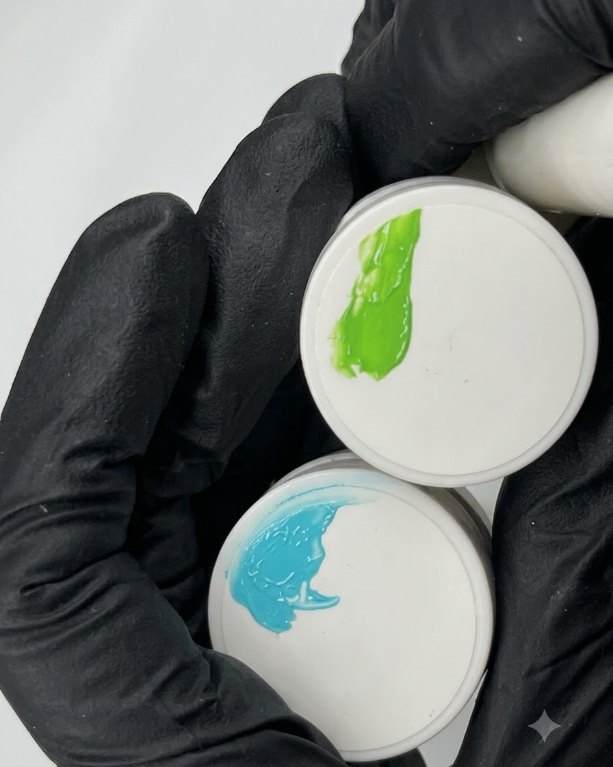 A gloved hand displaying fresh dabs of teal and bright green gel polish on white jar lids.