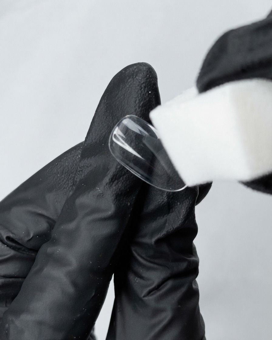 A gloved hand holding a clear practice nail tip while using a white sponge buffer block to buff the surface.