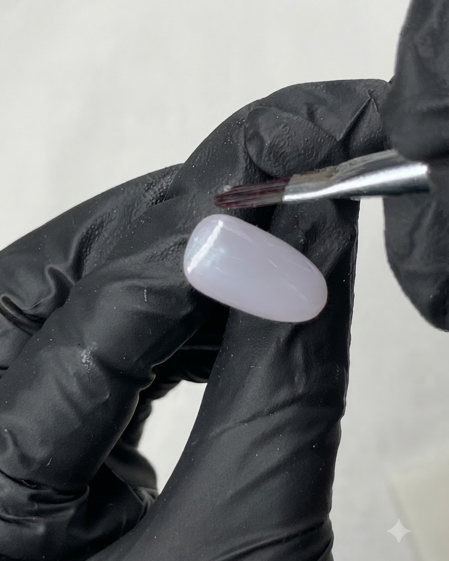 A magnetic wand being held over a light purple gel-coated practice nail to form a cat eye line.