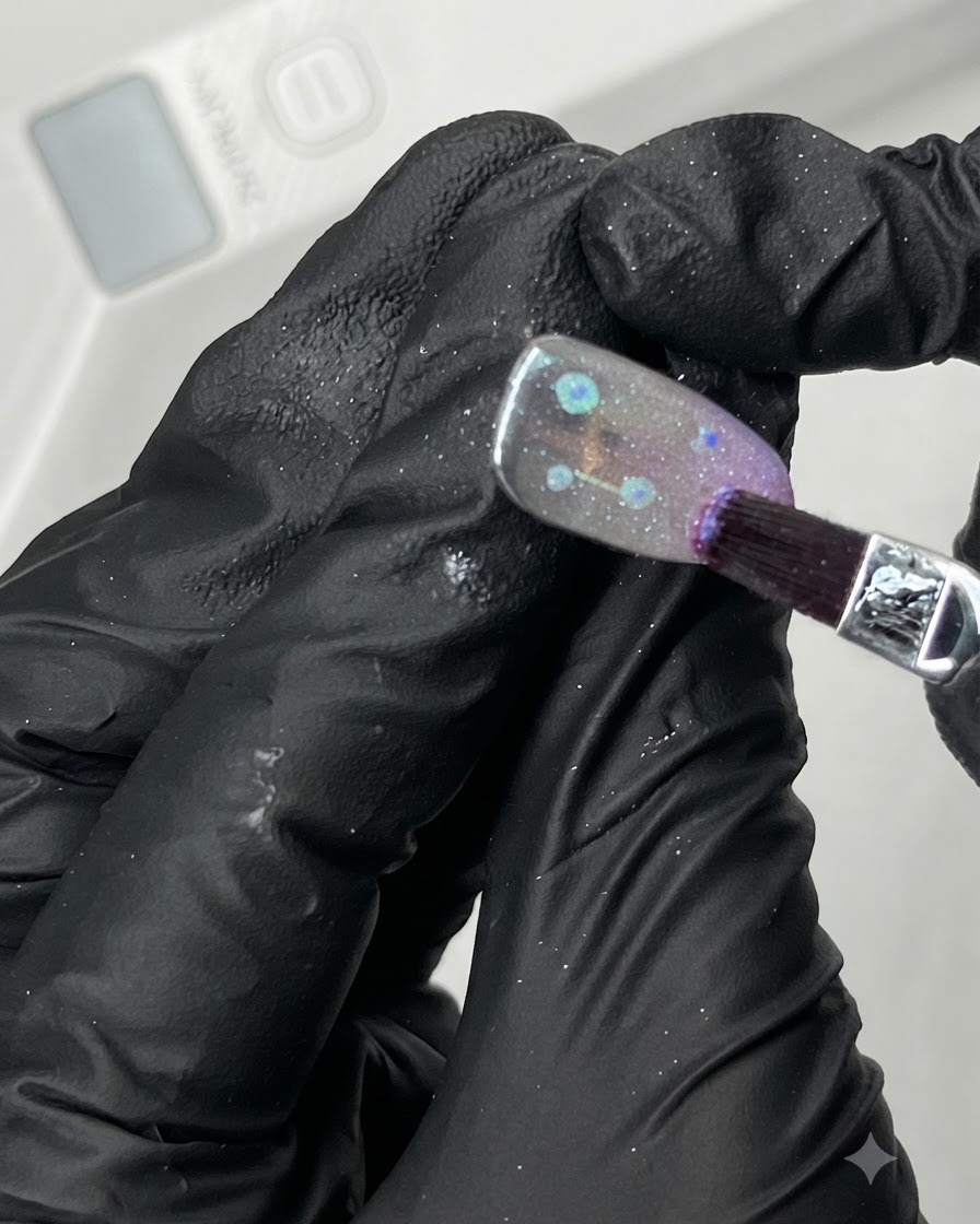 A flat brush applying a clear glossy top coat layer over a decorated aurora-finished nail.