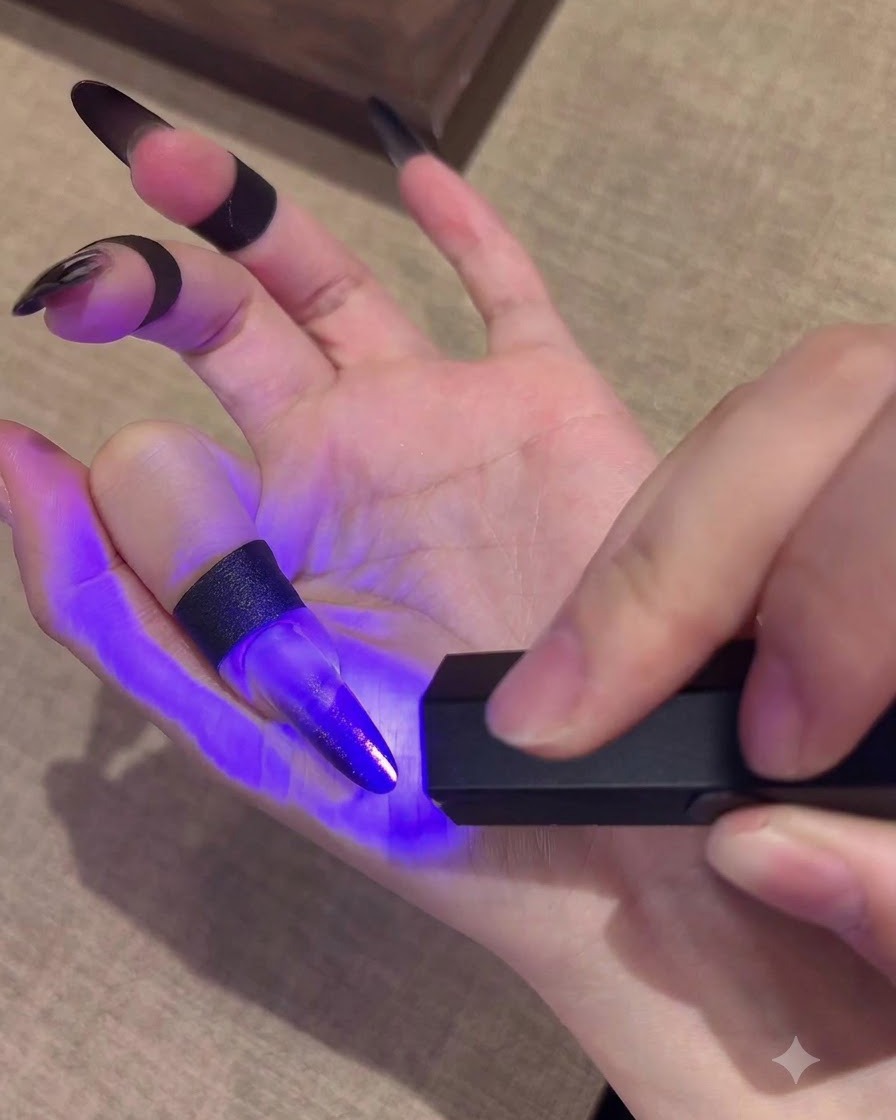 A handheld mini UV lamp curing a gradient black gel layer on a long nail extension.