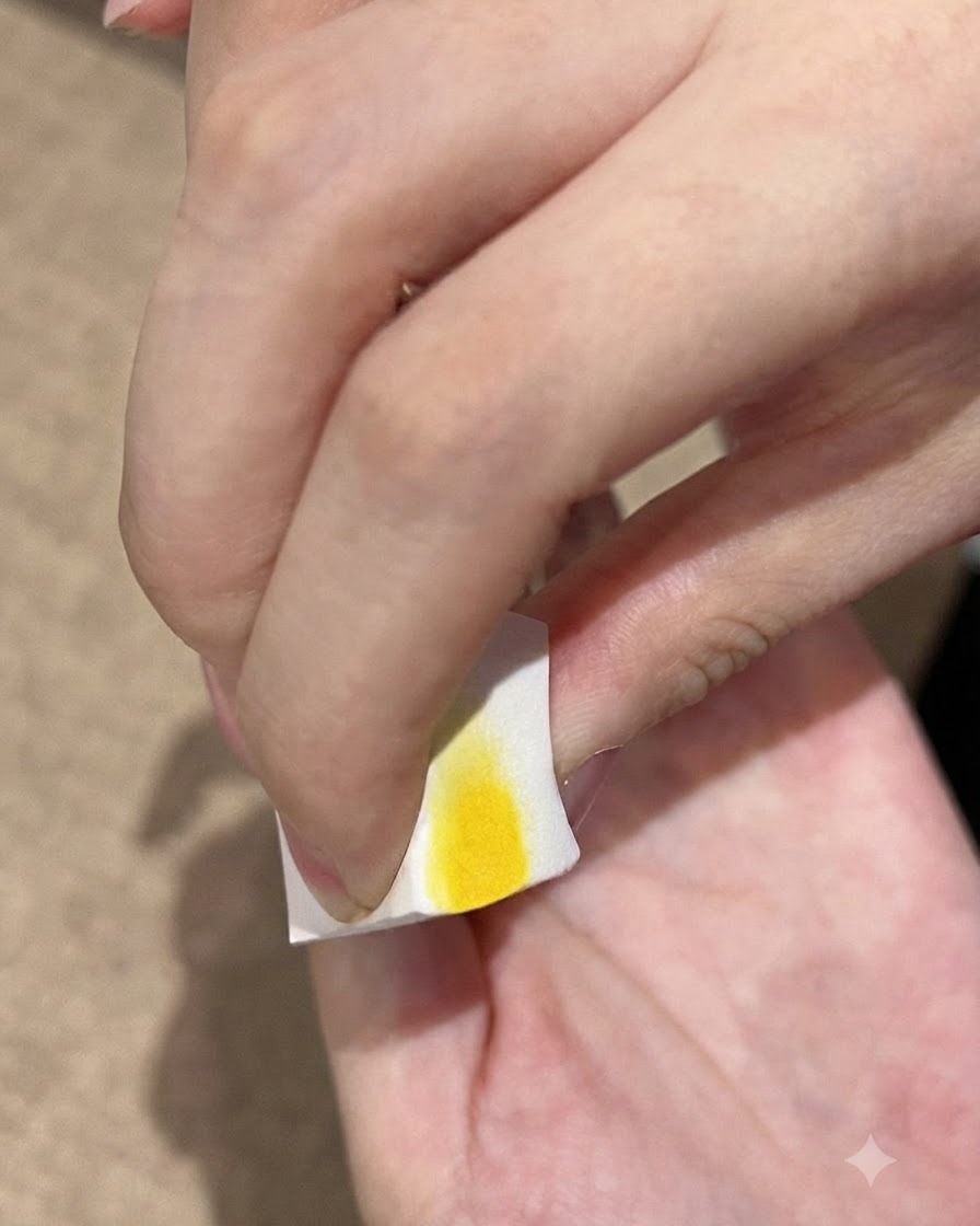 A cosmetic sponge dabbing dark black gel polish onto the tip of a fingernail to build gradient depth.