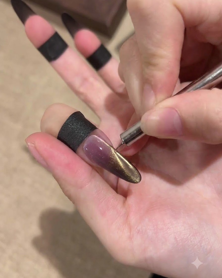 A hand using a thin magnetic wand tool near the side edge of a long stiletto nail to pull out a golden cat-eye effect over a dark base.