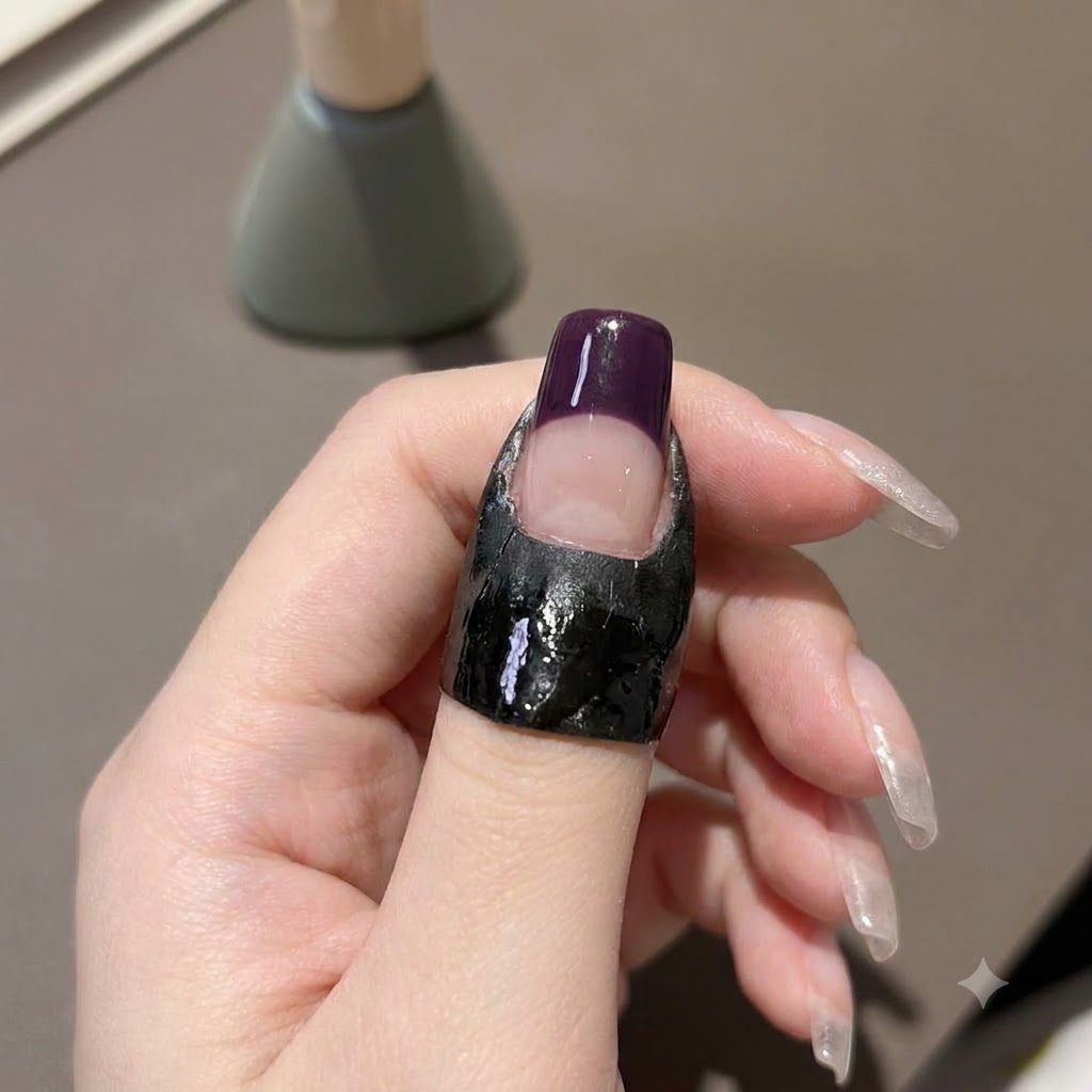 A hand holding a mini UV lamp over a fingernail with a dark purple tip to cure the gel.