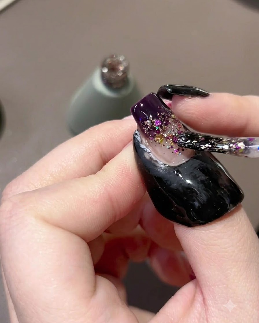 A nail brush dabbing and dragging purple glitter particles down the nail to form a gradient.