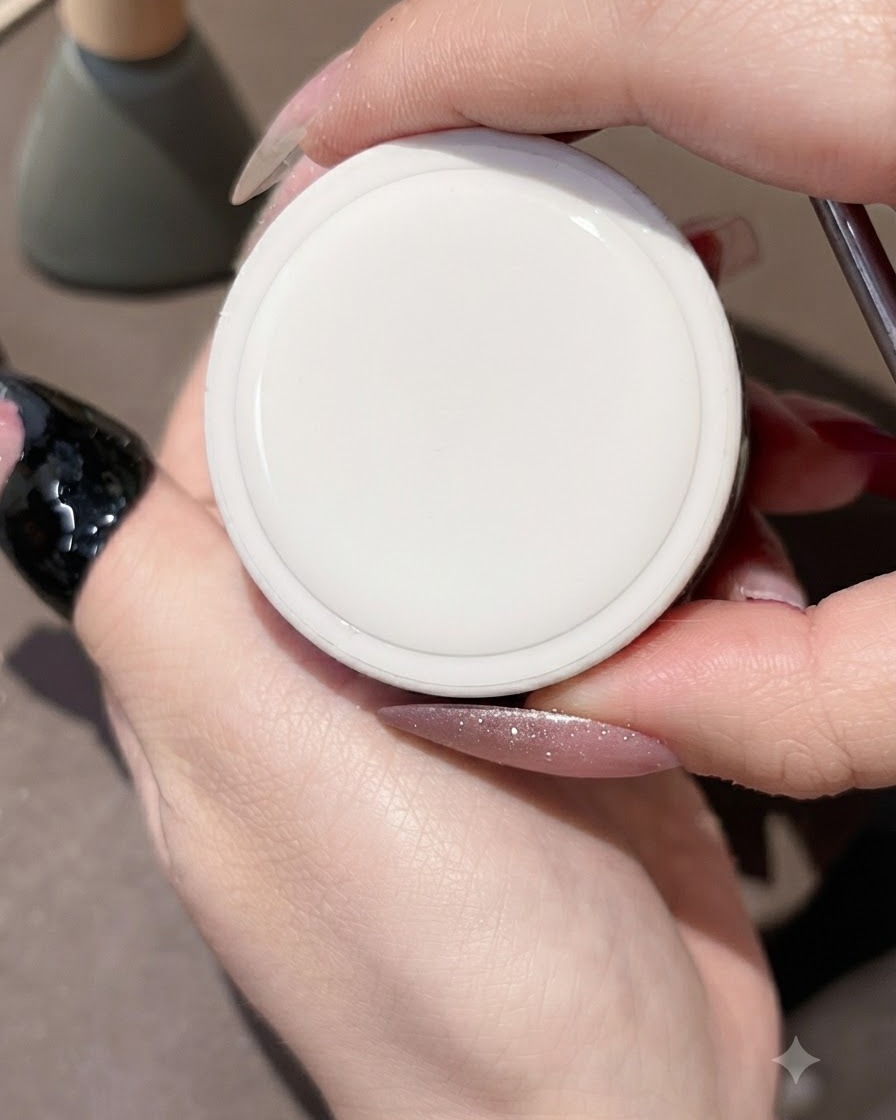 A small tool applying a dab of clear sticky building gel onto the center of the nail.