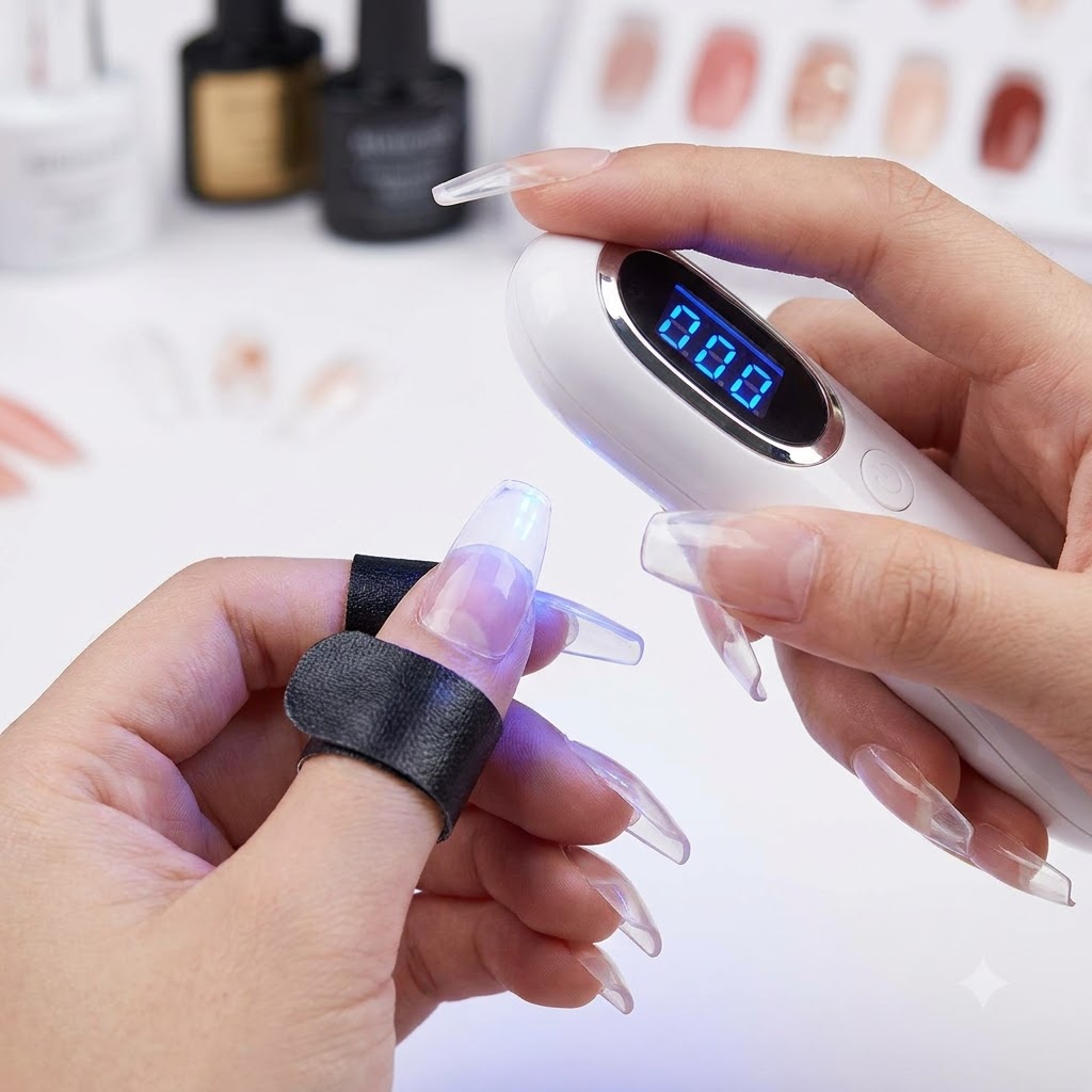 A handheld mini UV/LED lamp curing a set of decorated nails.