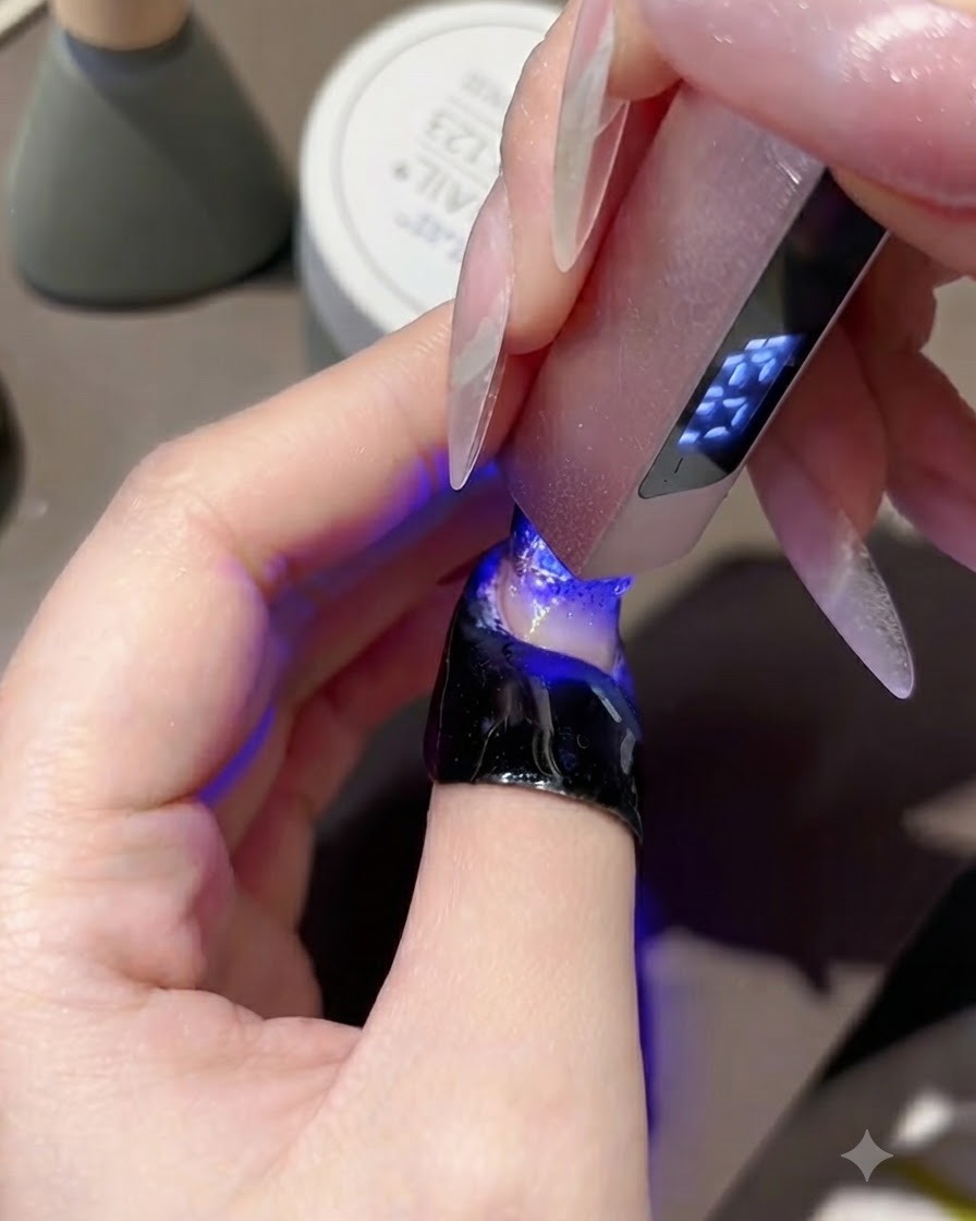 A mini pink UV LED nail lamp curing the gap-filling gel around rhinestones on a finished nail.